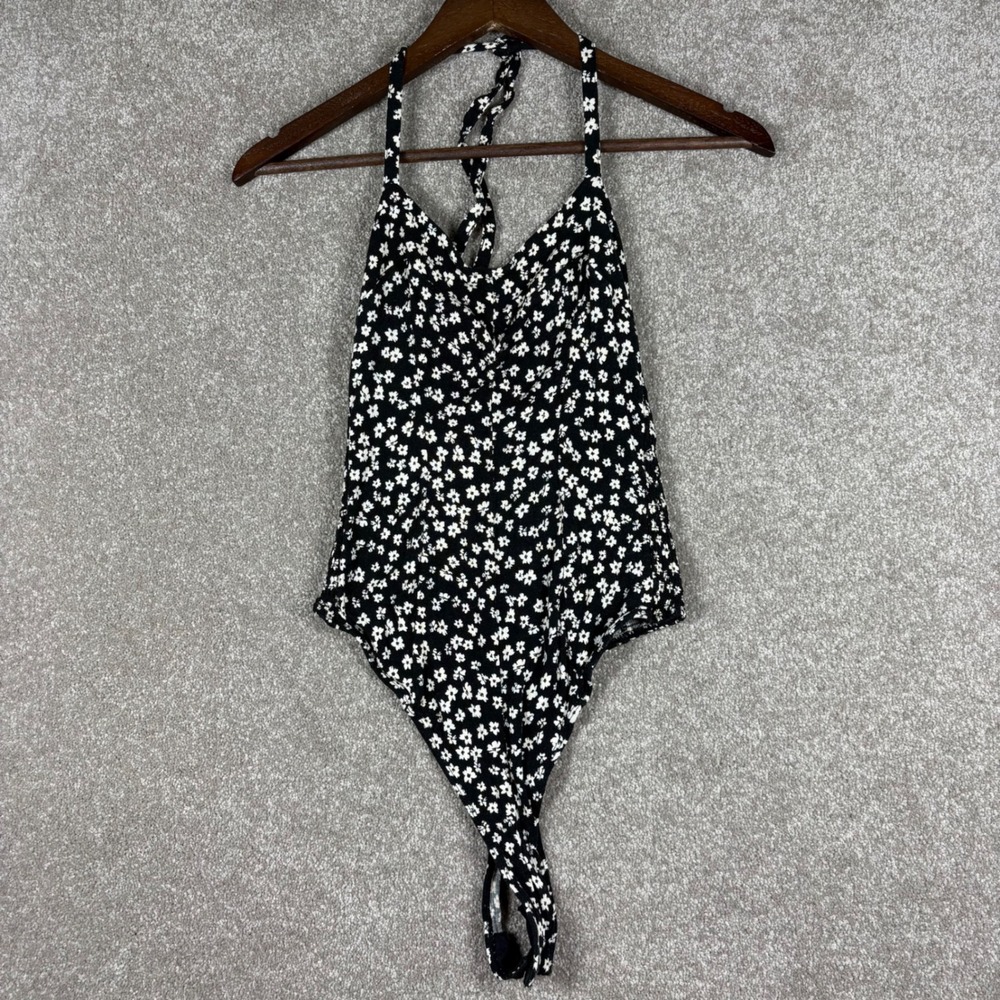 Intimately Free People Floral Halter Bodysuit Black White Smocked Back Medium